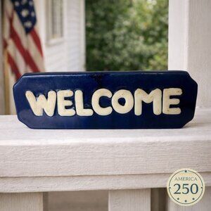 Hermitage Pottery Welcome Sign Cobalt Blue Americana Folk Art Stoneware USA 250
